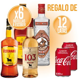 POR 6 BOTELLAS A ELEGIR ENTRE VETERANO, ANIS, MAGNO O BRANDY, REGALO DE 12 LATAS DE COCA COLA.
