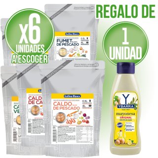 PER 6 CALDOS GALLINA BLANCA 1/2 DOY PACK, REGAL D'UN POT DE MAIONESA YBARRA D'UN LITRE.