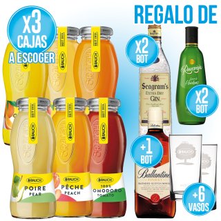 POR 3 CAJAS ZUMOS RAUCH 200ML A ESCOGER, REGALO VASOS + 2 RUAVIEJA LICOR DE HIERBAS + 2 SEAGRAM'S + 