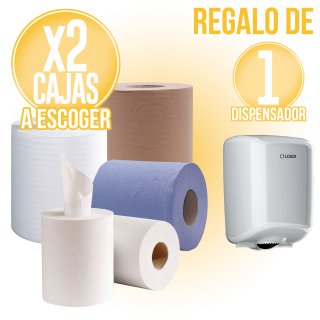 POR 2 CAJAS DE BOBINA SECAMANOS, REGALO DE 1 DISPENSADOR.
