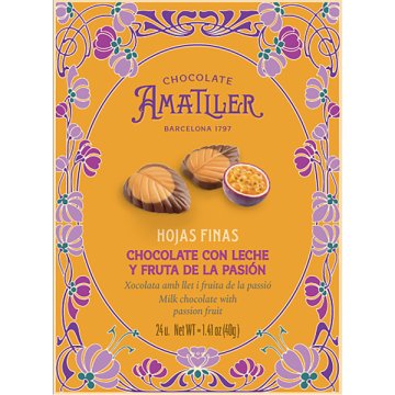 Hojas De Chocolate Amatller Con Leche Y Fruta De La Pasión Estuche 40 Gr Display 5 U