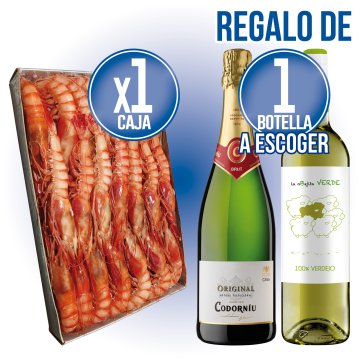 POR 1 CAJA DE GAMBA ALISTADA, REGALO DE 1 BOTELLA DE CAVA O VINO BLANCO.