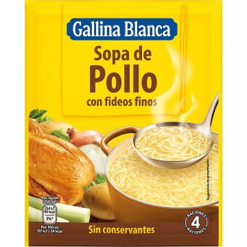Sopa Gallina Blanca Pollo Con Fideos Finos Deshidratada Sobre 72 Gr 4 Serv