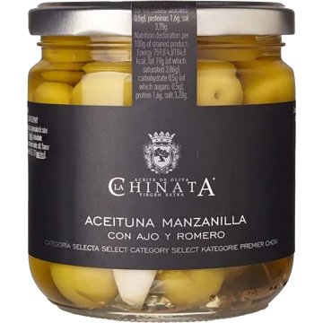 Aceitunas La Chinata Manzanilla Ajo Y Romero Tarro 350 Gr