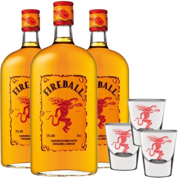 Whisky Fireball 70 Cl 3 Bot + Vasos Chupito